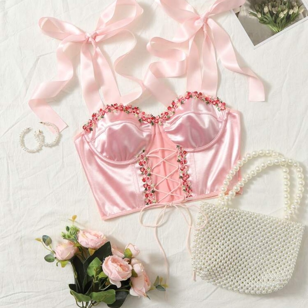SHEIN Pink Satin Top with Lace-Up Detail